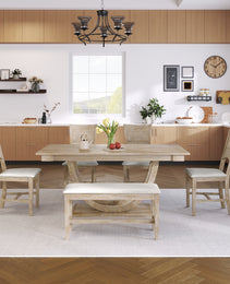 TOPMAx 6- Piece Wood Half Round Dining Table Set Kitchen Table Set With Long Bench And 4 Dining Chairs  Modern Style  Natural