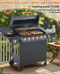 6 Burner BBQ Propane Gas Grill With Side Burner 72000 BTU Output Stainless Steel Barbecue Grill With Cast Iron Grates And Side Tables For Outdoor Cooking Kitchen And Patio Backyard.