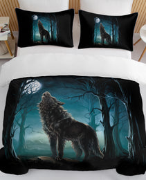 Moon Wolf Bedding Green Watercolor Forest Wolf Landscape Duvet Cover Sets 3 Pieces Wild Animal Bedding Set Twin Full Queen King Size