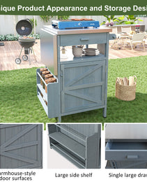 K&K 40.5  Outdoor Grill Cart With Stainless Steel Top, Solid Wood Outdoor Storage Cabinet With Drop Leaf, One Drawer, Towel Rack, Rolling Kitchen Cart With Lockable Wheels For Lawn Garden, Blue Grey