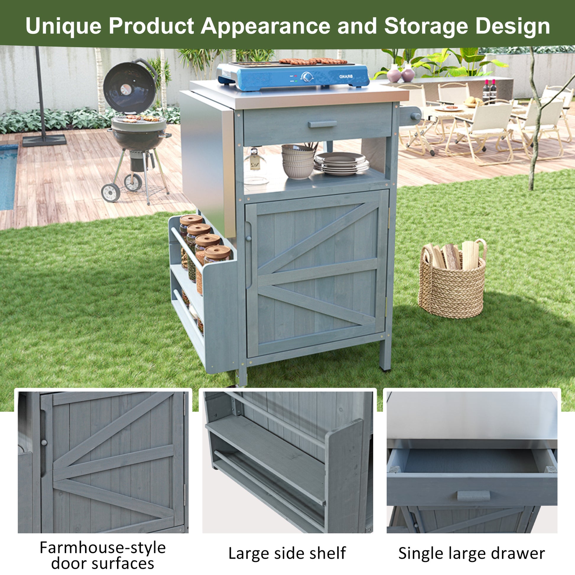 K&K 40.5  Outdoor Grill Cart With Stainless Steel Top, Solid Wood Outdoor Storage Cabinet With Drop Leaf, One Drawer, Towel Rack, Rolling Kitchen Cart With Lockable Wheels For Lawn Garden, Blue Grey
