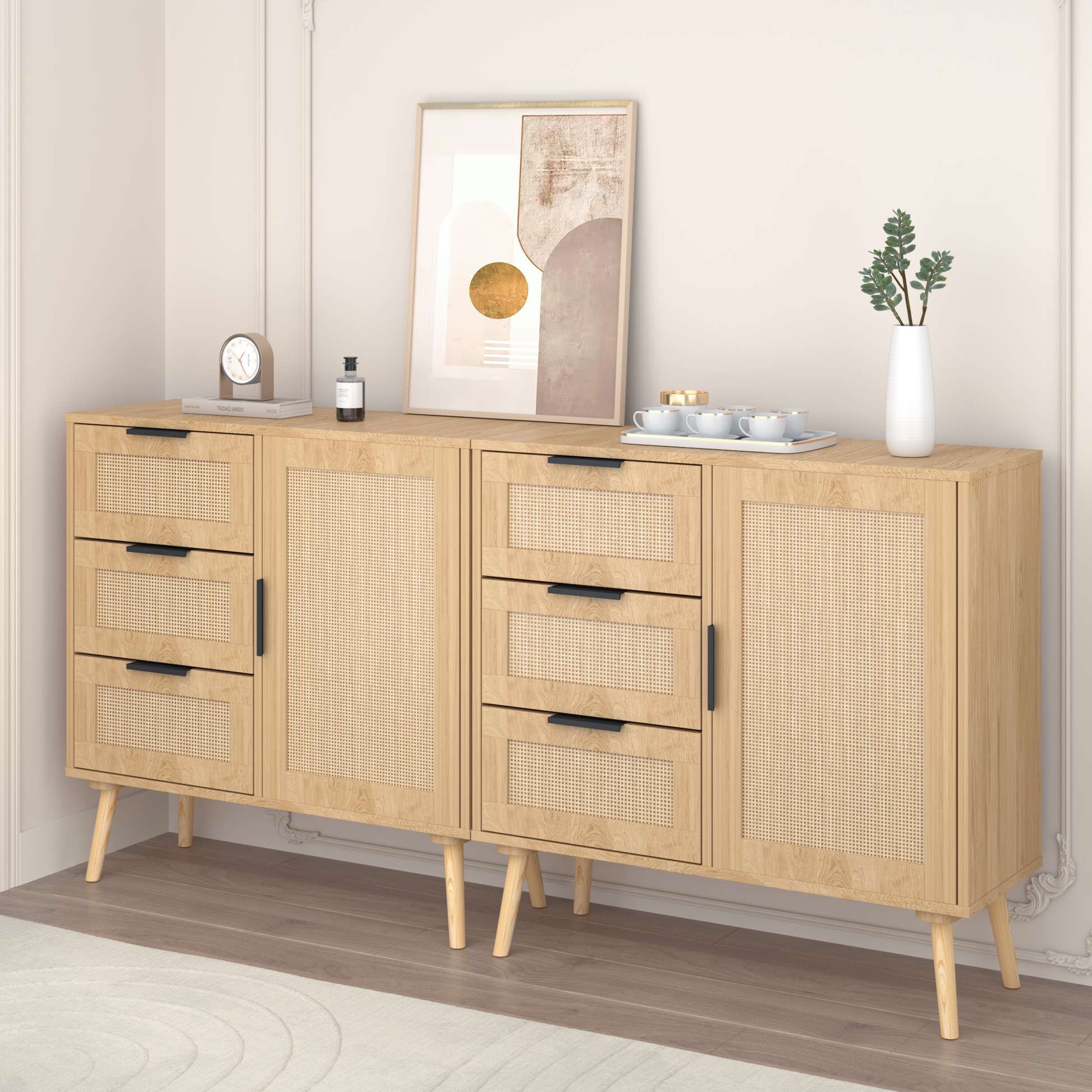 Modern  Rattan Wood  Dresser Wood Storage Cabinet Sideboard For Bedroom, Living Room, Entryway, Hallway