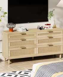 59 Rattan Dresser With Drawers, 6 Drawer Dresser For Bedroom, Clothes Storage Cabinet For Bedroom, Metal Handle Wood Legs For Hallway, Living Room, Bedroom,Natural