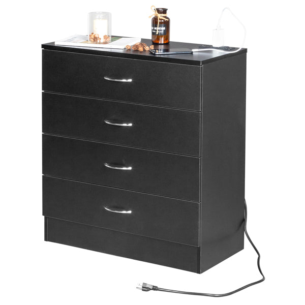 4 Drawer Chest  2 USB    2 Sockets  Nightstand Black