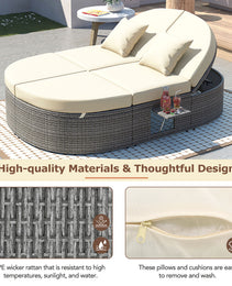 TOPMAX Outdoor Sun Bed Patio 2-Person Daybed With Cushions And Pillows, Rattan Garden Reclining Chaise Lounge With Adjustable Backrests And Foldable Cup Trays For Lawn, Poolside, Beige