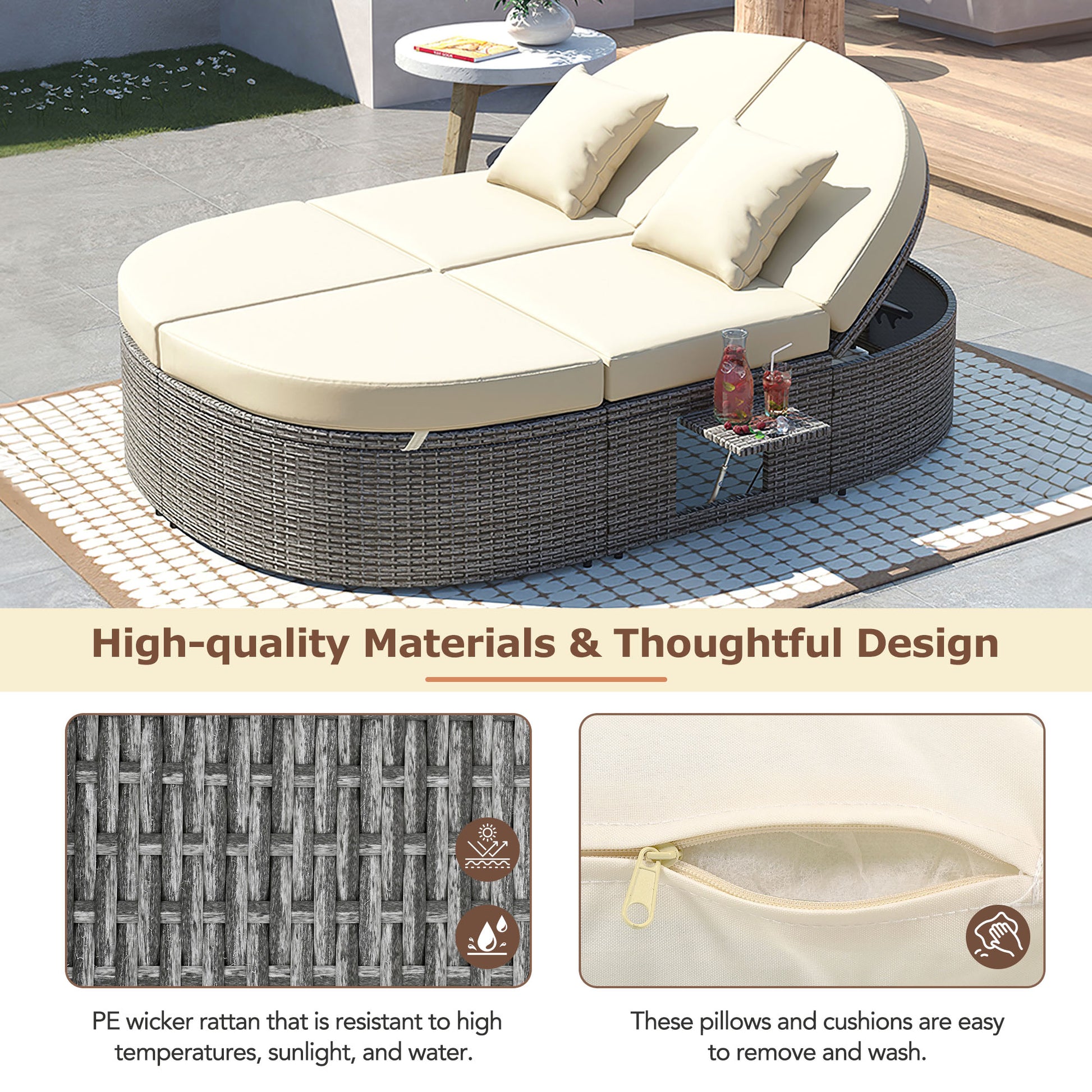 TOPMAX Outdoor Sun Bed Patio 2-Person Daybed With Cushions And Pillows, Rattan Garden Reclining Chaise Lounge With Adjustable Backrests And Foldable Cup Trays For Lawn, Poolside, Beige