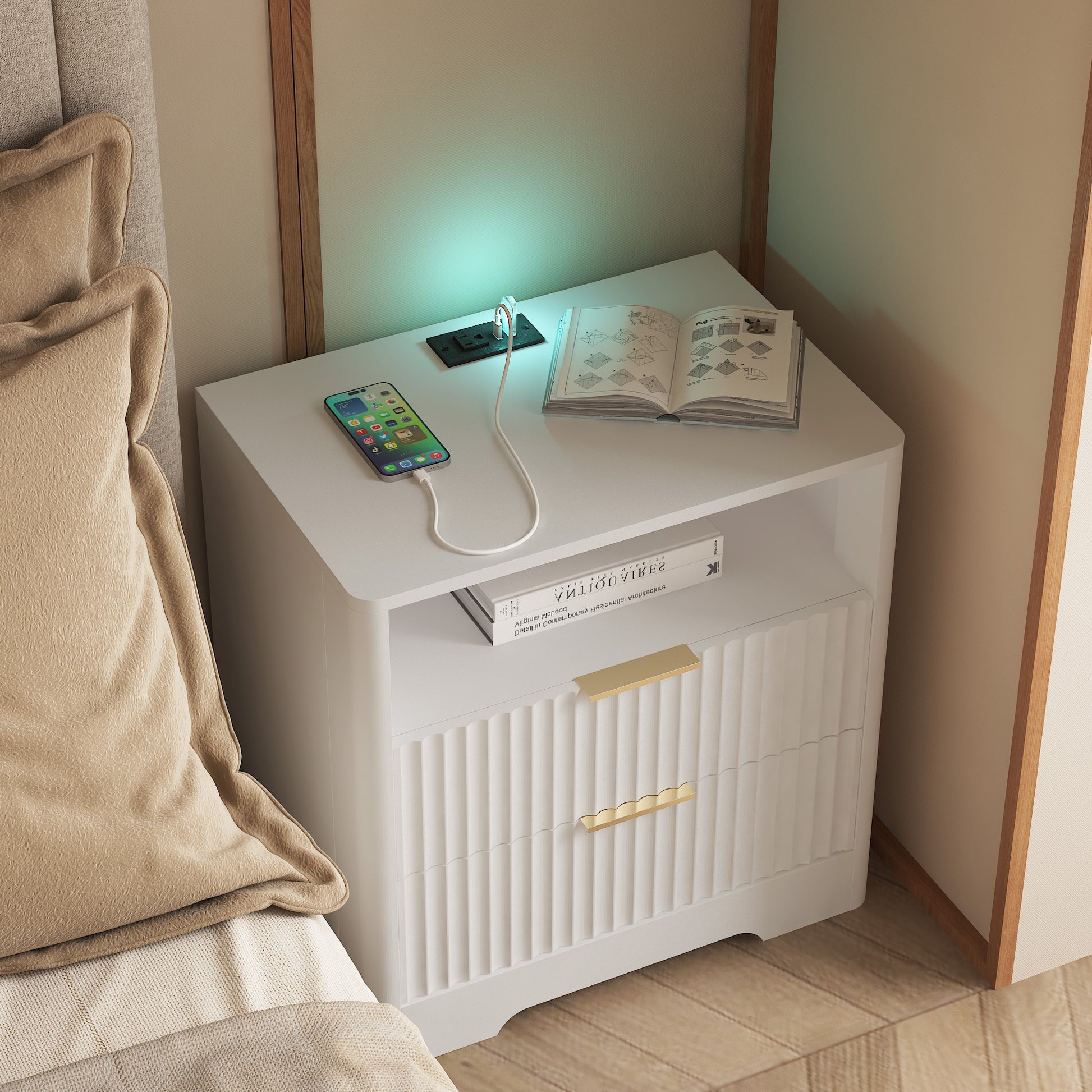 Nightstand With Charging Station, Smart Nightstand With Night Light,Bedside Tables With Storage Cabinet For Bedroom