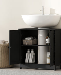 Under Sink Bathroom Cabinet, Pedestal Sink Storage Cabinet with 2 Doors, Shelf and U-Shape, Black