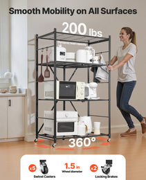4-Tier Foldable Storage Shelf, 36W X 21D X 60H Inch Folding Metal Rack Shelving Unit, No Assembly Organizer Shelf With 5 Wheels & 4 Hooks For Pantry, Kitchen, Garage, Basement, Black