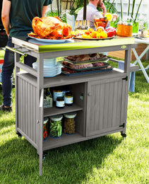 Outdoor Grill Cart w/ Stainless Steel Top, Solid Wood Outdoor Kitchen Island w/ Wheels, Storage Cabinets, Gray