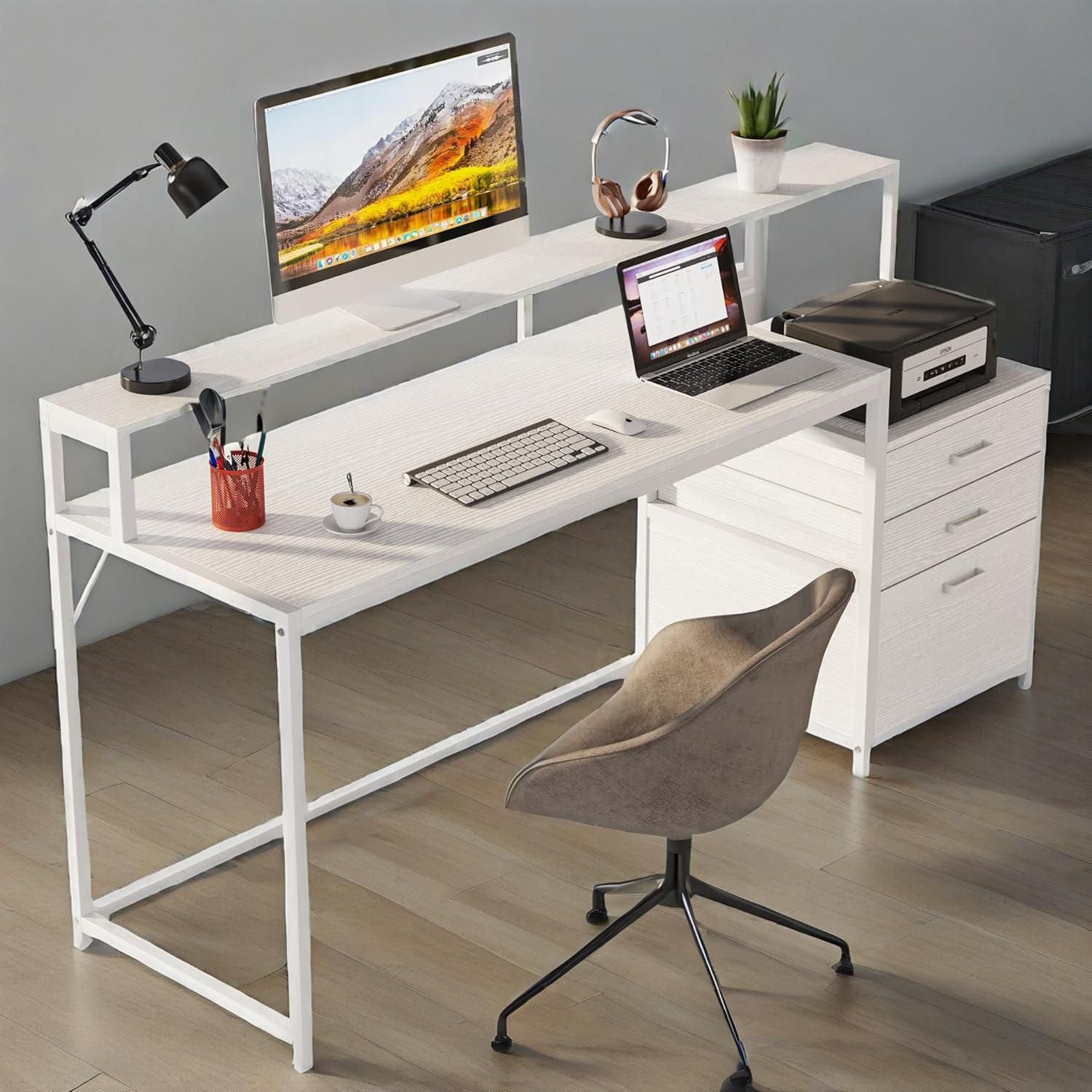 63 Inch Computer Desk With File Drawer Cabinet, Ergonomic Office Desk With Monitor Stand, Computer Table With Printer Space, Wood PC Table Workstation Desk
