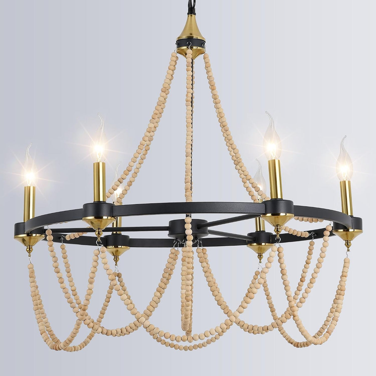 Black Beaded Chandelier Boho Ceiling Light Fixture, Candle Wagon Wheel Chandeliers with 6-Light,Modern Farmhouse Hanging Lighting with Wooden Bead Pendants for Dining Room, 28 Inch