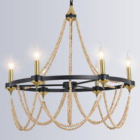 Black Beaded Chandelier Boho Ceiling Light Fixture, Candle Wagon Wheel Chandeliers with 6-Light,Modern Farmhouse Hanging Lighting with Wooden Bead Pendants for Dining Room, 28 Inch