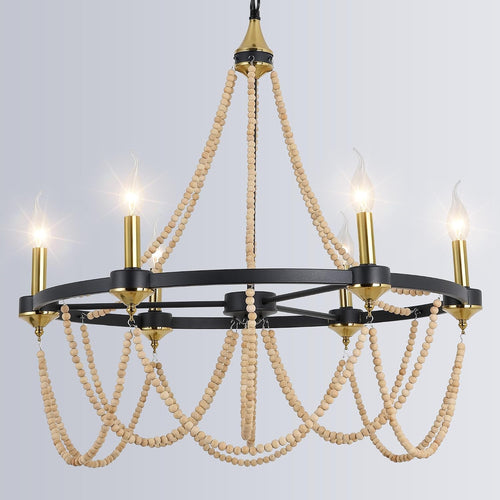 Black Beaded Chandelier Boho Ceiling Light Fixture, Candle Wagon Wheel Chandeliers with 6-Light,Modern Farmhouse Hanging Lighting with Wooden Bead Pendants for Dining Room, 28 Inch