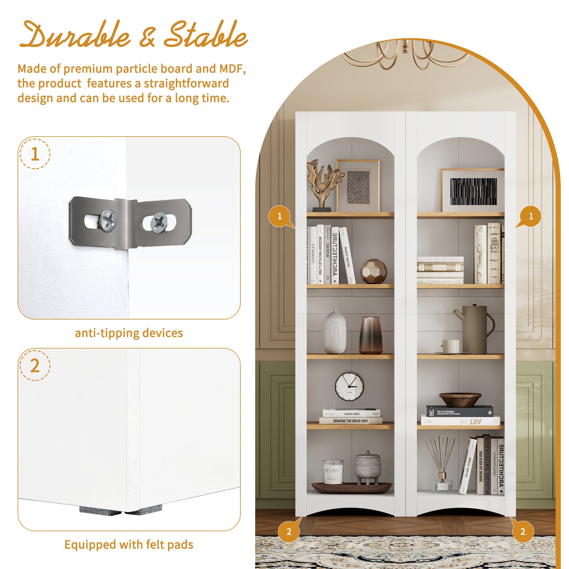 ON-TREND Free Standing 5 Tier Bookshelves, Bookcases Set Of 2, Farmhouse Two-Tone Storage Cabinet With Adjustable Shelves, Modern 72H Kitchen Pantry Cabinet For Living Room, Home Office, White