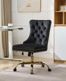 A&A Furniture Office Chair,Modern Velvet Upholstered Tufted Button Home Office Chair With Golden Metal Base,Adjustable Desk Chair Swivel Office Chair Black