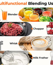 HB-2016A 5-in-1 Hand Immersion Blender, 30 Speeds Handheld Blender, Copper Motor Stainless Steel Blade Stick Blender,600ml Mixing Beaker,500ml Food Processor, Whisk, Milk Frother, BPA-Free, Red