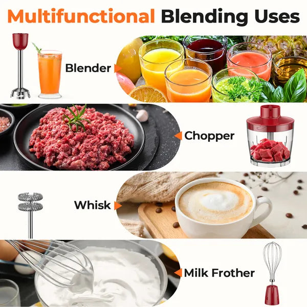 HB-2016A 5-in-1 Hand Immersion Blender, 30 Speeds Handheld Blender, Copper Motor Stainless Steel Blade Stick Blender,600ml Mixing Beaker,500ml Food Processor, Whisk, Milk Frother, BPA-Free, Red
