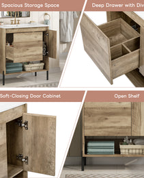 30 Modern Wood Fixture Bathroom Vanity, Bathroom Cabinet With Sliding Drawer, Bathroom Storage Cabinet With Ceramic Basin Sink Top, Single Bathroom Vanities Cabinet With Doors And Open Shelf