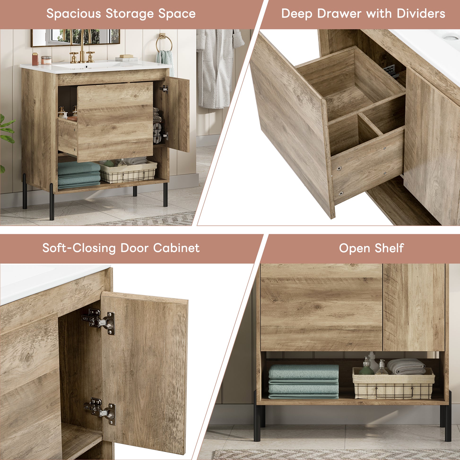 30 Modern Wood Fixture Bathroom Vanity, Bathroom Cabinet With Sliding Drawer, Bathroom Storage Cabinet With Ceramic Basin Sink Top, Single Bathroom Vanities Cabinet With Doors And Open Shelf