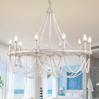 Black Beaded Chandelier Boho Ceiling Light Fixture, Candle Wagon Wheel Chandeliers with 6-Light,Modern Farmhouse Hanging Lighting with Wooden Bead Pendants for Dining Room, 28 Inch