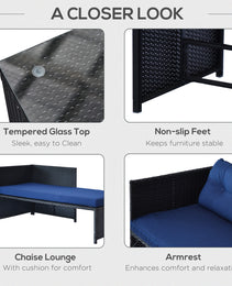 3 Piece Patio Furniture Set, Rattan Outdoor Sofa Set With Chaise Lounge & Loveseat, Soft Cushions, Tempered Glass Table, L-Shaped Sectional Couch, Blue