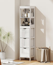 Narrow Bathroom Storage Cabinet, Bathroom Cabinet with 3 Drawers & 2 Open Shelves, Slim Bathroom Floor Cabinet, White