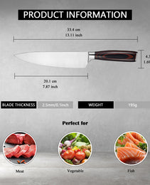 Kegani Japanese Chef Knife 8 Inch - Chefs Knife High Carbon Stainless Steel Knife Kitchen Cooking Knife - Rosewood FullTang Sharp Knife With Sheath