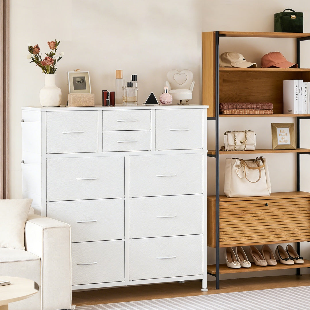 10-Drawer Dresser With Side Pocket & Hooks, Storage Cabinet With Wood Top For Bedroom Closet Organization