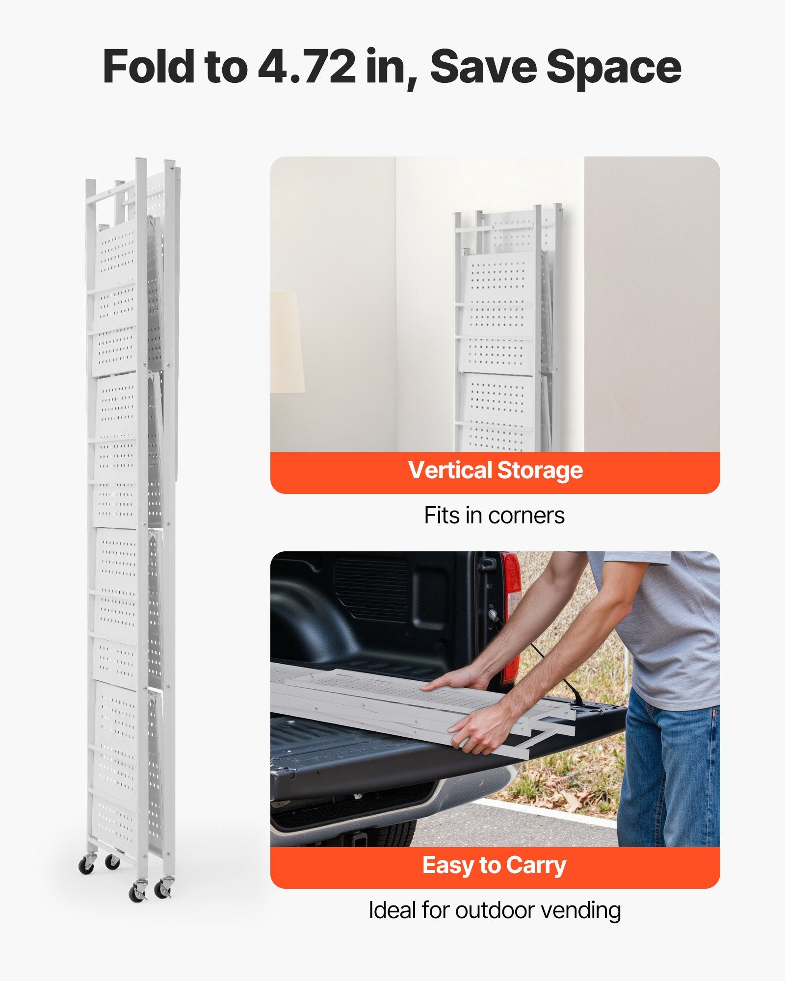 5-Tier Foldable Storage Shelf, 32W X 14D X 72H Inch Folding Metal Rack Shelving Unit, No Assembly Organizer Shelf With 5 Wheels & 4 Hooks For Pantry, Kitchen, Garage, Basement, White