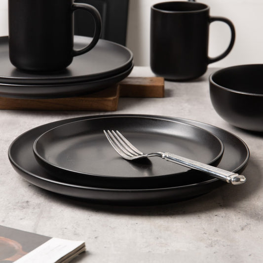 12-Piece Stoneware Dinnerware Sets With Mugs   Microwave & Dishwasher Safe    Non-Toxic Dinner Plates Bowls Set   Stackable Matte Glaze Kitchenware For 3,Black