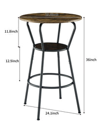 Round Bar Table And Stool Set With Shelf, Upholstered Stool With Backrest, Rustic Brown