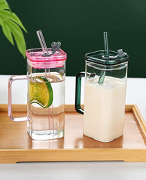 1 Pcs Green Glass Straw Cup, 6 Colors Square Glass Cup With Straw And Lid, High Borosilicate Glass Cup, Milk Cup, Juice Cup, Cold Drink Cup, Coffee Cup, Tea Cup, Office Cup, Gift Cup