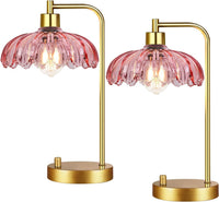 Flower Table Lamp for Bedroom Living Room,Small Gold Bedside Lamps Dimmable Boho Bedroom Lamp with Glass Green Lamp Shade,Vintage Mid Century Modern Mini Nightstand Lamp