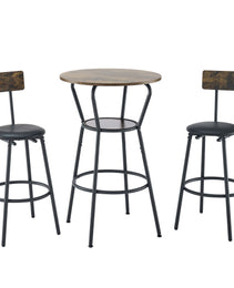 Round Bar Table And Stool Set With Shelf, Upholstered Stool With Backrest, Rustic Brown