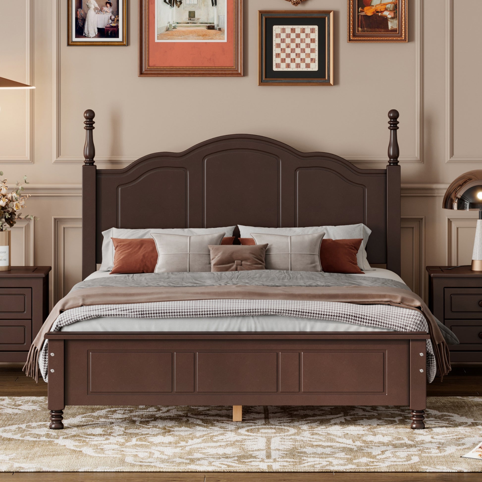 Full Size Wood Platform Bed Frame,Retro Style Platform Bed With Wooden Slat Support,Dark Walnut