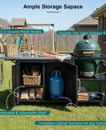 K&K 76.6  Outdoor Large Grill Cart With Storage Cabinet, Outdoor Kitchen Island With Steel Drop Leaf For Large Big Green Egg, Outdoor Grill Table With Adjustable Shelf & Hooks & Bottle Opener For BBQ