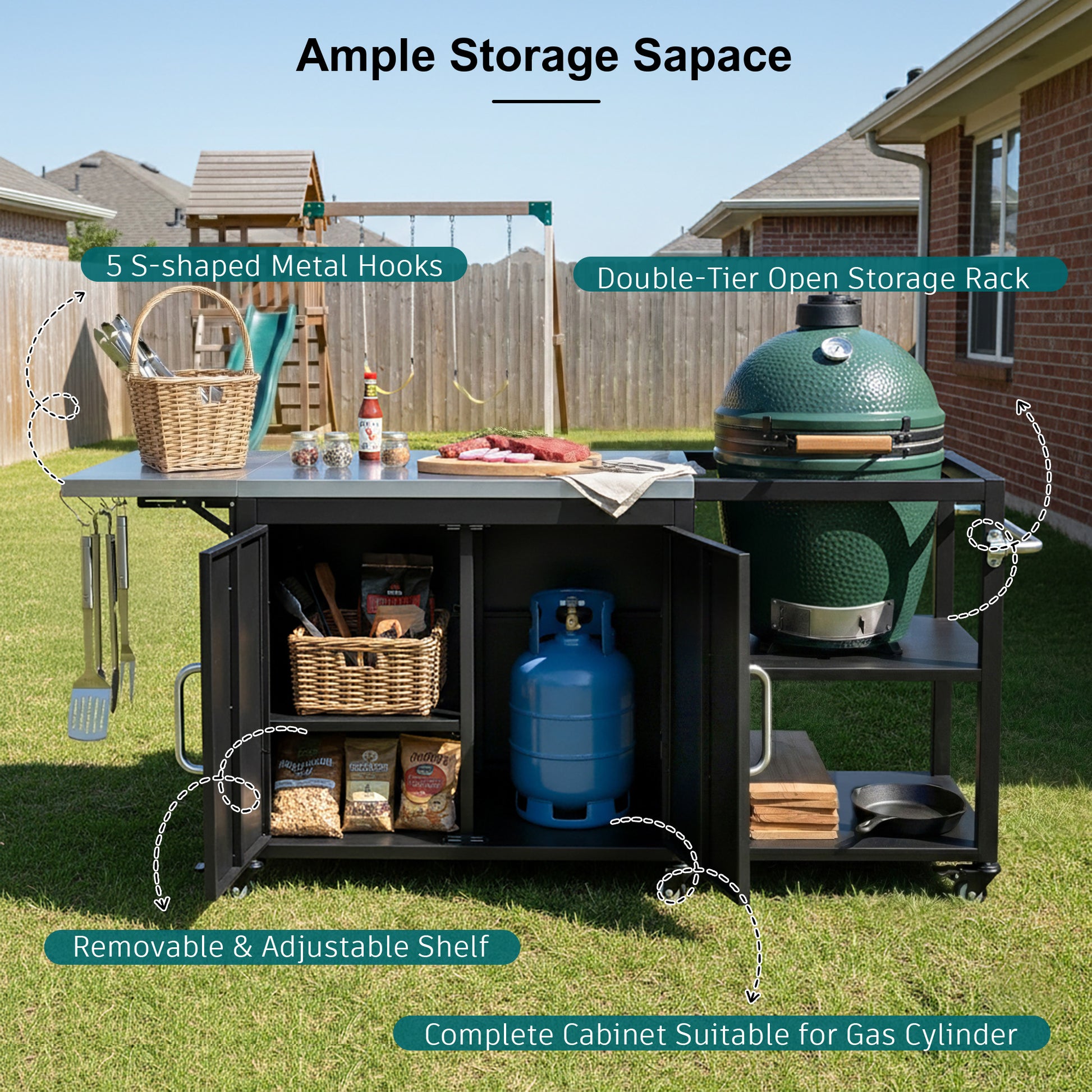 K&K 76.6  Outdoor Large Grill Cart With Storage Cabinet, Outdoor Kitchen Island With Steel Drop Leaf For Large Big Green Egg, Outdoor Grill Table With Adjustable Shelf & Hooks & Bottle Opener For BBQ