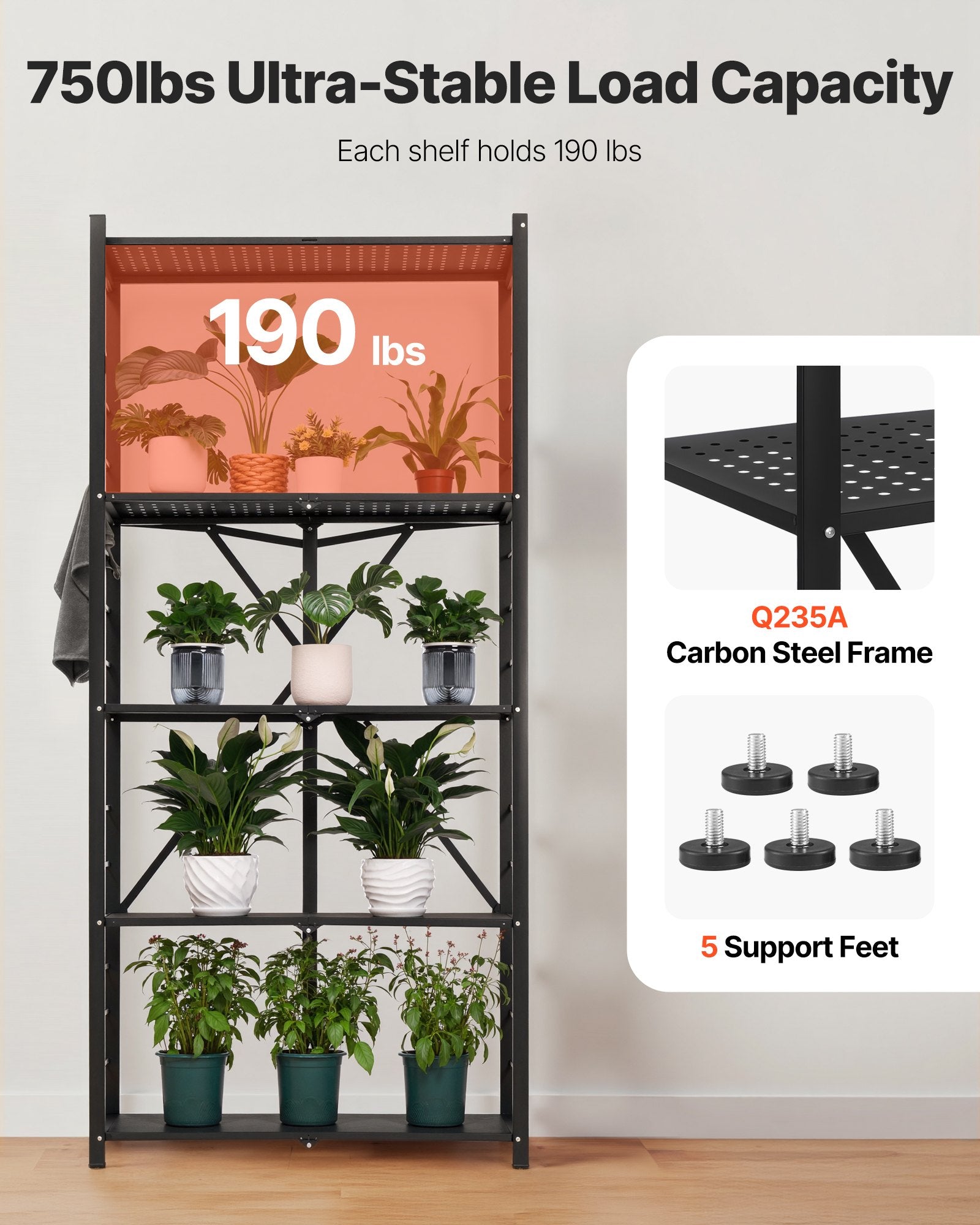 5-Tier Foldable Storage Shelf, 32W X 14D X 72H Inch Folding Metal Rack Shelving Unit, No Assembly Organizer Shelf With 5 Wheels & 4 Hooks For Pantry, Kitchen, Garage, Basement, Black