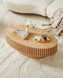 Modern Handcraft Drum Coffee Table Length 43.7 Inch Ellipse Coffee Table For Living Room,Oval Small Coffee Table With Sturdy Pedestal,Natural Ash MDF