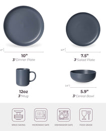 12-Piece Stoneware Dinnerware Sets With Mugs  Microwave  Dishwasher Safe  Non-Toxic Dinner Plates Bowls Set Stackable Matte Glaze Kitchenware For 3