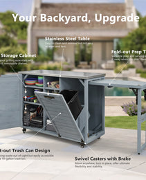 K&K 78.3  Outdoor Kitchen Island With Foldable Grill Table, Wooden Outdoor Grill Cart With Trash Can Storage & Stainless Steel Top, Outdoor Bar Cart, Pizza Oven Table For Lawn & Garden, Grey Blue