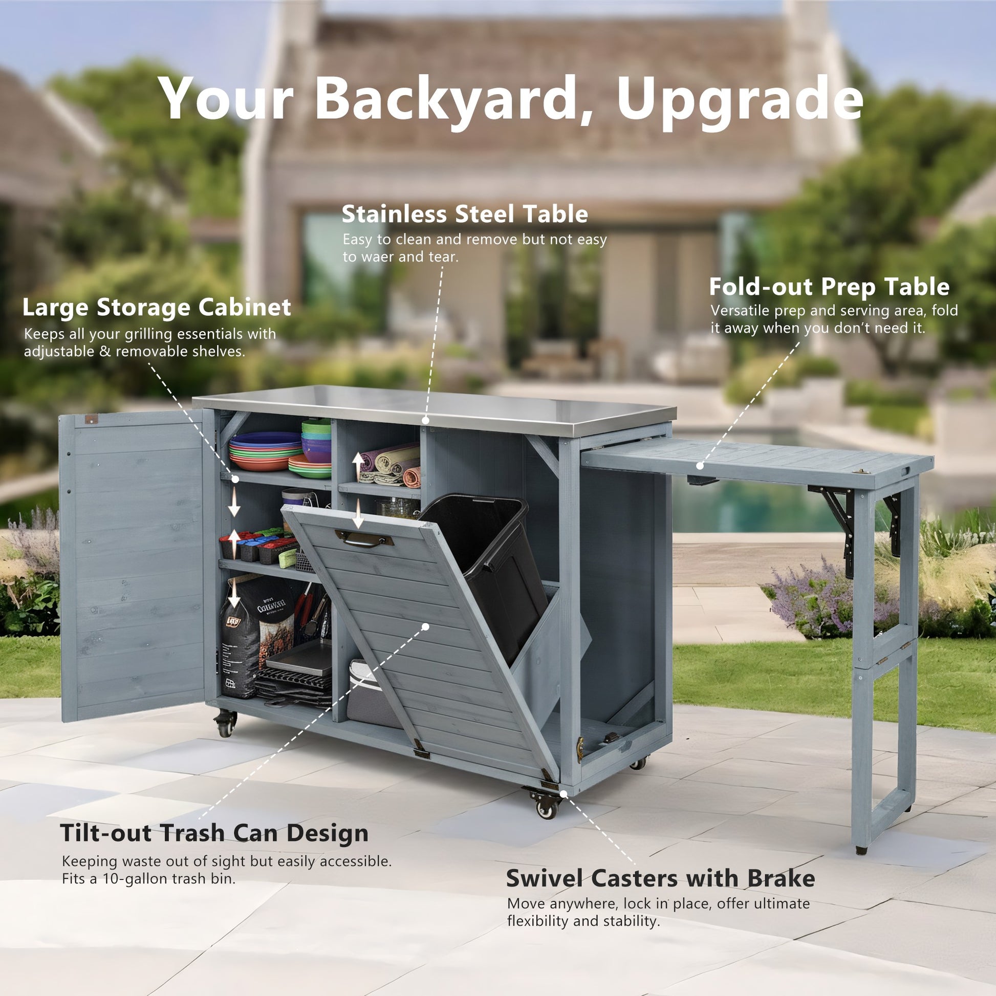 K&K 78.3  Outdoor Kitchen Island With Foldable Grill Table, Wooden Outdoor Grill Cart With Trash Can Storage & Stainless Steel Top, Outdoor Bar Cart, Pizza Oven Table For Lawn & Garden, Grey Blue