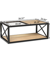 Modern Coffee Table For Bedroom & Living Room, Tempered Glass&Natural Wood MDF Top , Industrial Style Coffee Table