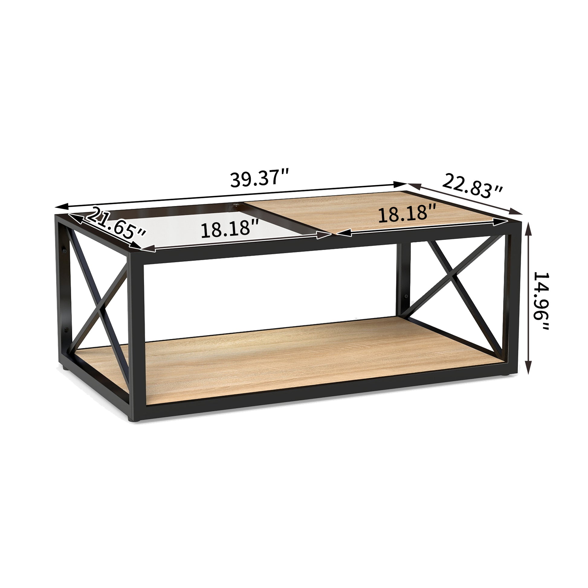 Modern Coffee Table For Bedroom & Living Room, Tempered Glass&Natural Wood MDF Top , Industrial Style Coffee Table