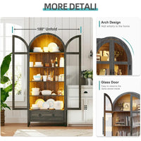 73 Arched Glass Display Cabinet with 4-Tier, Human Body Sensor, LED Lights for Collectibles, Adjustable Shelves, Brown