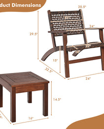 3 Pieces Outdoor Wooden Patio Rattan Furniture Set