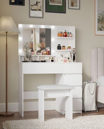 Vanity, Makeup Vanity Desk Set With Mirror  Light, Dressing Table Storage Lots With Power Strip, 3 Lighting Modes With Adjustable Brightness, 37 Inches White With Stool - CJDS