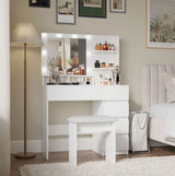 Vanity, Makeup Vanity Desk Set With Mirror  Light, Dressing Table Storage Lots With Power Strip, 3 Lighting Modes With Adjustable Brightness, 37 Inches White With Stool - CJDS