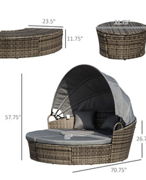 4-Piece Round Convertible Daybed with Cushions, Outdoor PE Rattan Patio Wicker Sofa Set, Sunbed with Adjustable Sun Canopy, Sectional Sofa, 2 Chairs, Table, 3 Pillows, Dark Gray